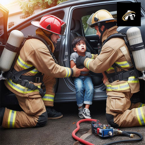 A child stuck in a car and firefighters are helping him